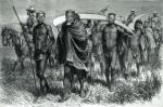 Zuluscy posłowie niosą kość słoniową w darze dowódcy wojsk brytyjskich, rysunek z epoki 