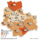 Najwięcej jest ich w dzielnicach obrzeżnych. Pola stanowią ponad 50 proc. powierzchni Wilanowa i Białołęki. Najmniej jest ich w lewobrzeżnym centrum stolicy: w Śródmieściu, na Woli i Ochocie. Roli nie ma tylko na Żoliborzu. 