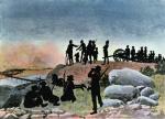 Burowie obserwują wojska brytyjskie przekraczające rzekę Tugelę, litografia z epoki 