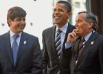 Trzej mocni ludzie z Chicago: gubernator Rod Blagojevich, prezydent-elekt Barack Obama, burmistrz miasta Richard M. Daley 