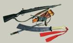 Uzbrojenie chińskiej Armii Narodowo-Rewolucyjnej: karabin Mauser zwany Czang Kaj-szek z bagnetem, pistolet Mauser C96 i szabla dao 