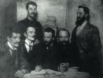 Delegaci PPS na Kongres II Międzynarodówki, Londyn 1896 r. Pierwszy od lewej Ignacy Mościcki, czwarty – Józef Piłsudski 