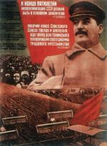 Radziecki plakat z wizerunkiem Stalina dotyczący kolektywizacji rolnictwa