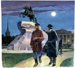 Józef Piłsudski i dr Władysław Mazurkiewicz pod pomnikiem Piotra I podczas nocnej ucieczki ze szpitala psychatrycznego 