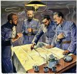 Józef Piłsudski nad mapą Królestwa Kongresowego obmyśla plan kolejnej insurekcji podczas spodziewanej wojny mocarstw centralnych z Rosją. Stoją od lewej: Rydz-Śmigły, Sławek, Piłsudski, Sosnkowski, 