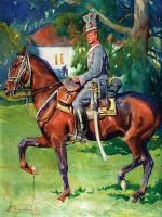 Stanisław Grzmot-Skotnicki na koniu (jeden z siedmiu pierwszych beliniaków, tu w 1. Pułku Ułanów) – akwarela Zygmunta Rozwadowskiego z 1916 roku