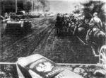 Kolumna sowiecka przekracza granicę Rzeczypospolitej, 17 września 1939 r., fotomontaż z lwowskiego „Czerwonego Sztandaru”, 1940 r. 