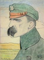 Karykatura „Piłsudski nad Nidą” autorstwa Henryka Herza-Barwińskiego (1877 – 1970), kredka i pastel 