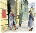 Gen. Hans von Beseler wita Józefa Piłsudskiego przed Zamkiem Królewskim w Warszawie. Na ścianie widnieje afisz z Aktem 5 Listopada