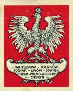 Nalepka okienna z białym orłem na czerwonym tle i nazwami historycznych miast Rzeczypospolitej 
