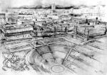 Powojenni planiści mieli ambicje przekształcania całych fragmentów Warszawy. Ten rysunek  Jana Knothego z 1950 roku ukazuje totalnie zmieniony pl. Trzech Krzyży wraz z gigantycznym amfiteatrem. Na dachu KC  zagadkowe ozdoby