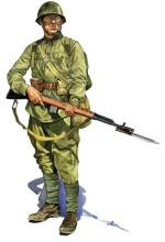 Szeregowiec (strzelec) piechoty Armii Czerwonej w hełmie wz. 39, uzbrojony w karabin SWT 40 z bagnetem siecznym