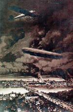 Warszawa w ogniu po bombardowaniu z zeppelina (w rzeczywistości dużych pożarów nie odnotowano). Na pocztówce widać aeroplan, ale to już fantazja; niemieckie samoloty nie wspierały sterowców, a rosyjskie ich nie atakowały