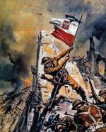Alegoria zwycięstwa aliantów pod Monte Cassino grafika z czasów powojennych