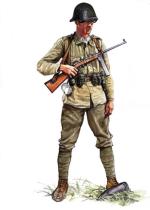 Rumuński żołnierz piechoty w hełmie stalowym na licencji holenderskiej wz. 28,  uzbrojony w pistolet maszynowy Orita wz. 41 i polskie granaty wz. 24