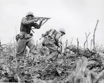 Żołnierze 1. Dywizji Marines podczas walk na wzgorzach Wana pod Shuri, koniec kwietnia 1945 r.