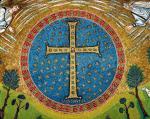 Krzyż wysadzany gemmami jako symbol zwycięstwa. Mozaika z apsydy kościoła  Sant'Apollinare in Classe w Rawennie, II poł. VI w. 