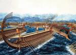 Bitwa pod Salaminą między okrętami greckimi a perskimi w 480 r. p.n.e., rys. Peter Connoly