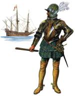 Sir Walter Raleigh dowodzący flotą angielska, faworyt królowej Elżbiety I