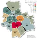 Najwięcej emerytów mieszka w centrum miasta. Przoduje Mokotów. Tam mieszka co szósty warszawski senior. Za nim są Wola i Praga-Południe, gdzie jest po 10 proc. stołecznych emerytów. Młode są dzielnice oddalone od centrum. Na Białołęce osoby starsze stanowią niecałe 2 proc. wszystkich w Warszawie, a w Wesołej – tylko 0,8 proc.