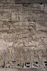 Ramzes III w rydwanie, a poniżej jego armia – łucznicy i włócznicy, relief z Medinet Habu, pierwsza połowa XII w. p.n.e.
