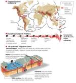 Popękana skorupa ziemska. Napieranie na siebie płyt to przyczyna największych trzęsień ziemi. Wywołują je procesy, jakie zachodzą we wnętrzu naszej planety nieustannie. Naciskające na siebie płyty kumulują olbrzymie ilości energii, która może być uwolniona w ciągu kilku godzin. Na styku wielkich płyt tektonicznych trzęsienia ziemi mają miejsce od niepamiętnych czasów. Naukowcy nie znają metody dokładnego przewidywania czasu wstrząsu.