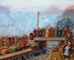 Żołnierze rzymscy wchodzą po kruku na pokład okrętu wroga, rys. Peter Connoly, XX w. 