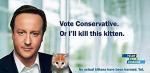„Głosuj na konserwatys-tów albo zabiję kotka”  – ostrzega David Cameron  z plakatu