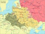 Królestwo Polskie i Wielkie Księstwo Litewskie na przełomie XV i XVI w. podczas wojen z Moskwą. Różowym kolorem zaznaczono ziemie zagarnięte wówczas przez wroga