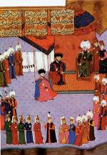 Chan tatarski przed sułtanem – po prawej stronie w białym turbanie sułtan Bajazyt II, po jego prawej chan Mengli I Girej, obok jego syn Mehmed I Girej
