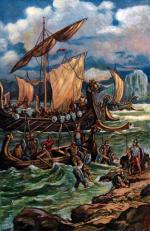 Wikingowie lądują na wybrzeżu Normandii, rycina, XIX w.