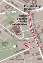 Trasa drogi krzyżowej. Wierni wyruszą z placu Zamkowego. Dojdą do placu Piłsudskiego, a potem wrócą przed kościół św. Anny. 