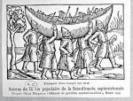 Wikingowie przenoszą łódź podczas wyprawy na Ruś, rycina włoska, XVI w. 