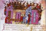 Gwardia wareska strzeże bizantyńskiego dworu, miniatura z kroniki Jana Skylitzesa, XII w. 