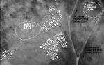 Plan miejsca kaźni w Lesie Katyńskim; na zdjęcie naniesiono zabudowania NKWD i doły śmierci
