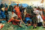Śmierć króla Norwegii Olafa II Świętego w bitwie ze zbuntowanymi chłopami pod Stiklestad w 1030 r., mal. Peter Nicolai Arbo, XIX w.