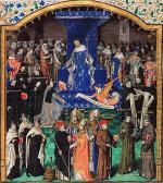 Król Francji Karol V w otoczeniu możnych i duchowieństwa, miniatura francuska, XV w. 