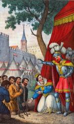  Mieszczanie z Calais błagają Edwarda III o litość po zajęciu miasta przez Anglików w 1347 r., rysunek, XIX w. 