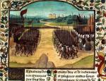  Bitwa pod Azincourt w 1415 r. – oddziały łuczników ostrzeliwują wrogie szeregi przed starciem rycerstwa, miniatura francuska, XV w.