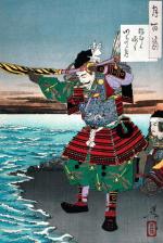 Nitta Yoshisada ofiarowuje miecz bogom morza (Nitta obalił rządy klanu Hōjō w 1333 r.), akwarela, 1886 r. 