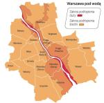 Tereny zagrożone powodzią w Warszawie. W razie przerwania wałów (jest to mało prawdopodobne) zalane mogą zostać Praga-Południe, Dolny Mokotów i Wilanów. Na prawym brzegu na całej długości niebezpieczny jest teren blisko Wisły. 
