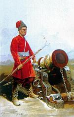 Kozak przy moździerzu i kozak ze strzelbą, obrazy z XIX wieku 