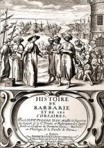 Wykup jeńców z rąk Berberów, rycina na okładce książki „Historia Berberów i ich piractwa” wydanej w 1637 roku w Paryżu  