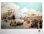 Vasco da Gama wyrusza z Lizbony do Indii w czerwcu 1497 r., litografia wg. obrazu Alberta Roque Gameiro, ok. 1900 r
