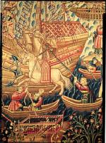 Marynarze Vasco da Gamy wyładowują konie w Kalikacie, tapiseria flamandzka, XVI