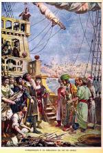 Alfonso de Albuquerque przyjmuje wyslanników władcy Ormuzu nad Zatoką Perską, mal. Albert Roque Gameiro