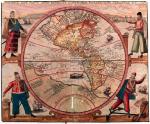 Mapa obu Ameryk z postaciami odkrywców  i zdobywców: Kolumba, Vespucciego, Magellana i Pizarra, 1596 r.