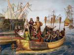 Kolumb żegna się z Izabelą Kastylijską przed wyruszeniem w rejs do Indii, rycina, 