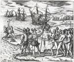 Kolumb ląduje na karaibskiej wyspie, rycina Theodore’a de Bry, XVI w. 