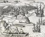 Starcie marynarzy Kolumba z tubylcami na Jamajce, rycina Theodore’a de Bry, XVI w. 